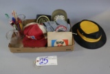 Box of Rath hats, Katz musical alarm clock, Rath credit union ash tray