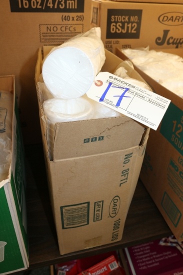 Box of Dart 8oz foam cups with lids