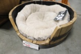 Oak barrel custom pet bed with pooch pen bedding