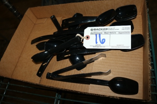 Box of assorted salad bar utensils
