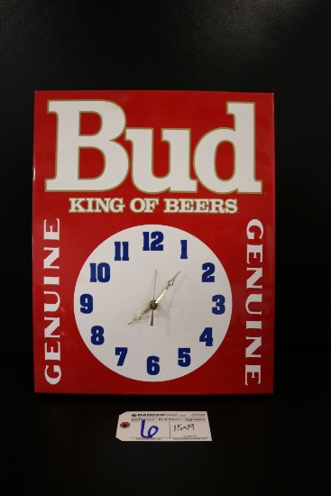 15" x 19" Bud Genuine King of Beers metal wall clock - bent hands