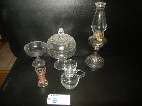 All to go  Glass Candy Dish, Lamp and Misc Glass