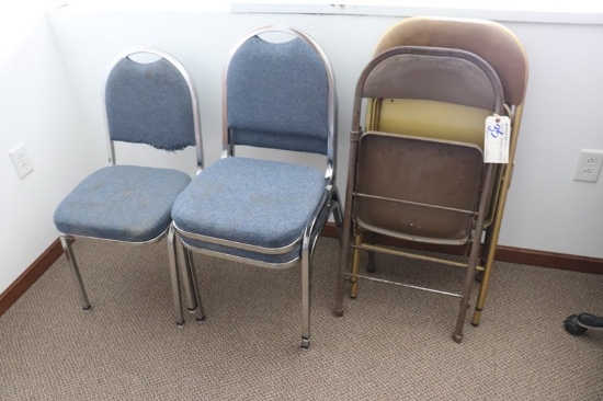 All to go - Metal folding chairs & 3 blue stack chairs with bent frames