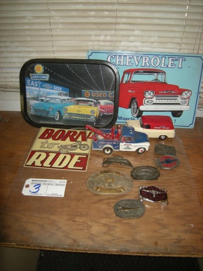 All to go  Belt Buckles, Diecast Cars, tin signs