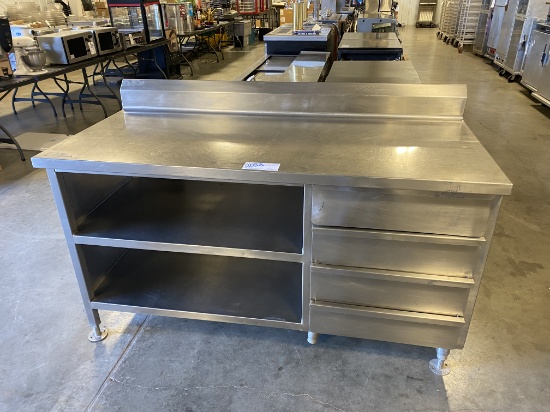 30" x 66" stainless table with double stainless under shelves and 4 right hand stainless drawers