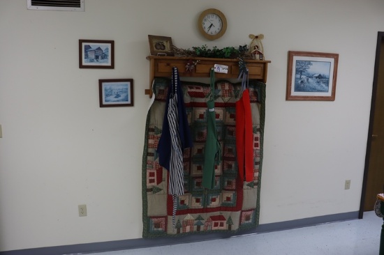 44" wide wood wall shelf with quilts, aprons, & décor on that wall only