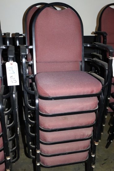 Times 12 - Black metal framed burgundy tweed stack chairs with arm rests