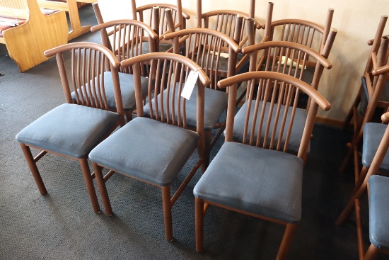 Times 12 - MTS brown metal framed dining chairs with blue fabric padded sea