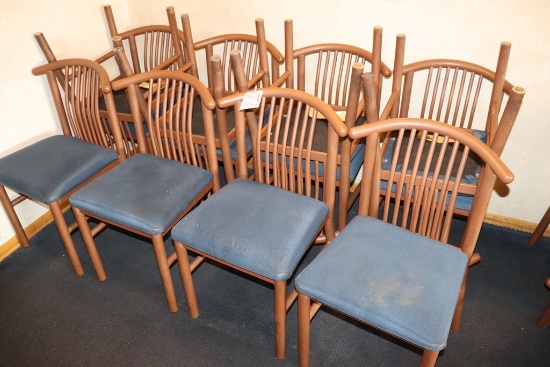 Times 12 - MTS brown metal framed dining chairs with blue fabric padded sea