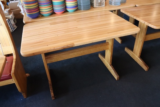 Times 5 - 30" x 48" solid oak top dining tables with double oak pedestal ba