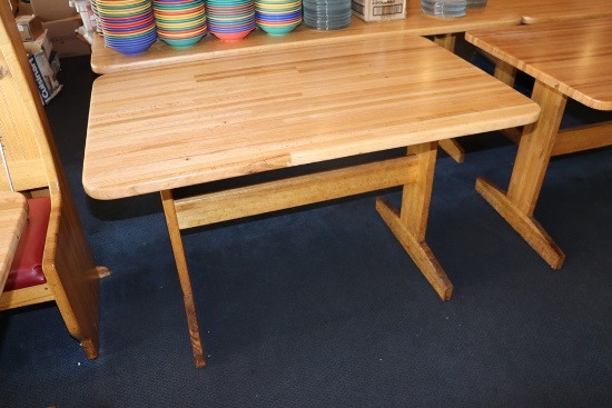 Times 5 - 30" x 48" solid oak top dining tables with double oak pedestal ba