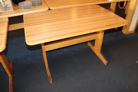 Times 5 - 30" x 48" solid oak top dining tables with double oak pedestal ba