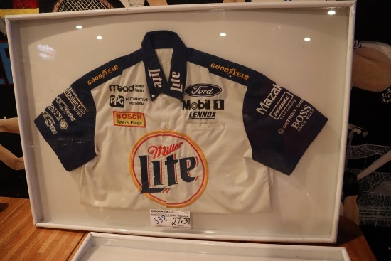 27" x 39" Miller Lite racing jersey in shadow box style box