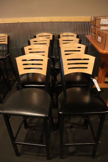 Times 8 - black metal framed bar chairs with black padded seats with wood b