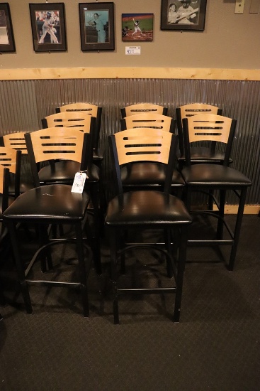 Times 8 - black metal framed bar chairs with black padded seats with wood b
