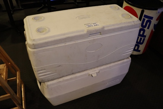 Times 2 - Coleman and Rubbermaid large white coolers - hinged are broke - b
