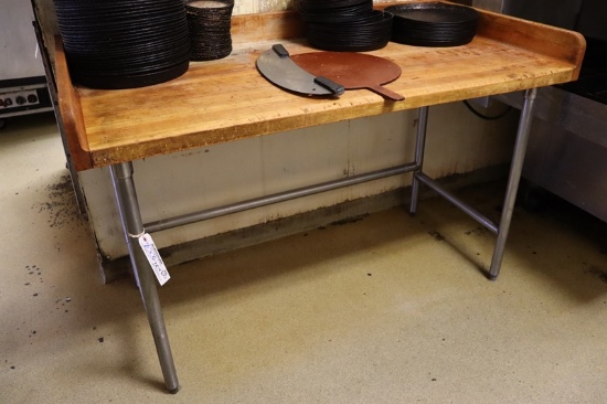 30" x 60" Maple top stainless framed bakers table with back and side splash