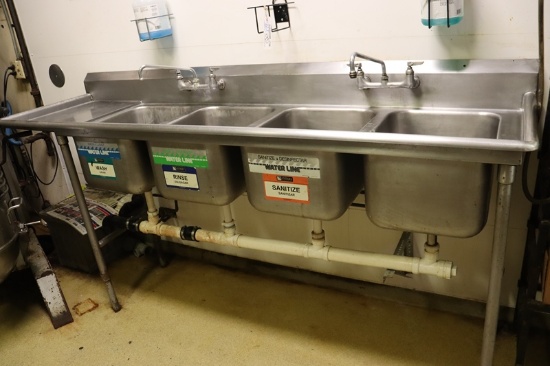 95" Stainless 4 bin sink with left hand drain board, 2 faucets,  & 16" x 20