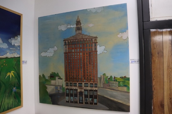 60" x 80" Stick "Equitable Life" Des Moines buildings carved plywood with s