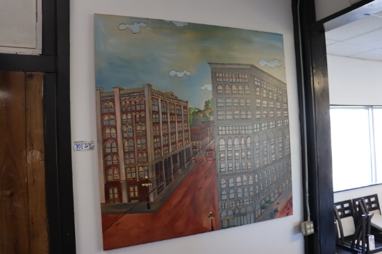 60" x 80" Stick "Equitable Life" Des Moines buildings carved plywood with s