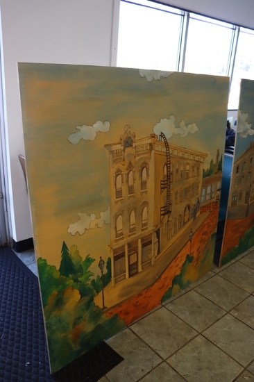 60" x 60" Stick "Equitable Life" Des Moines buildings carved plywood with s