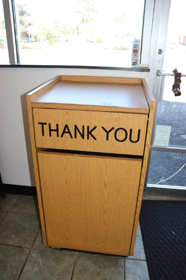 24" Wood laminate flip lid trash receptacle - some damage to the edge bandi