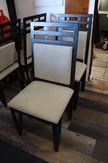 Times 6 - Black metal framed dining chairs with tweed padding - some stains