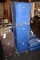 3 blue Cambro catering boxes with cart