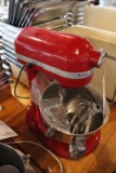 Kitchen Aid 5 quart red mixer with stainless bowl, hook, paddle, & whip