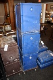 3 blue Cambro catering boxes with cart