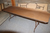 All to go - 7 wood 8' banquet tables - tops & bases need work