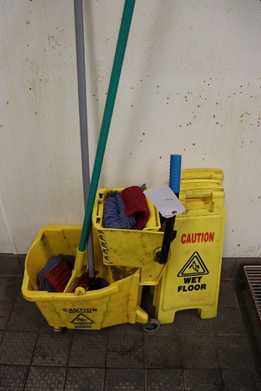 Mop bucket with 2 mops and 3 caution signs