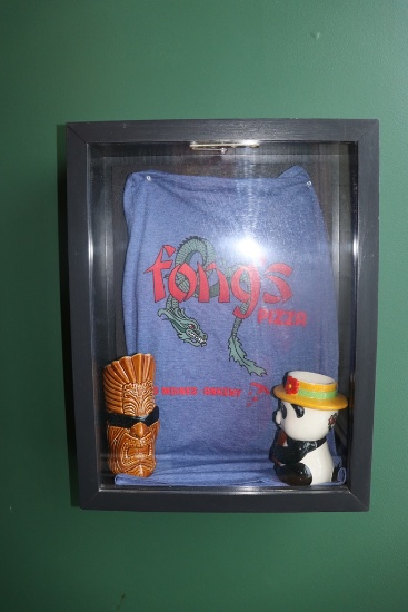 Fong's Pizza wall mount black display box with some décor - 18" x 23"