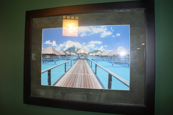 Framed wall print - walkway to tiki huts - 21" x 28"