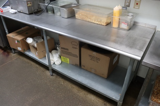 30" x 8' stainless table with galvanized under shelf with 1" back splash