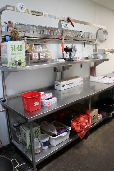 30" x 8' stainless table with stainless over shelf and pot and pan rail