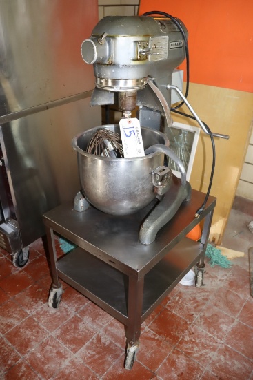 Hobart A200 mixer with stainless bowl, hook, paddle, whip, & 20" x 24" stai