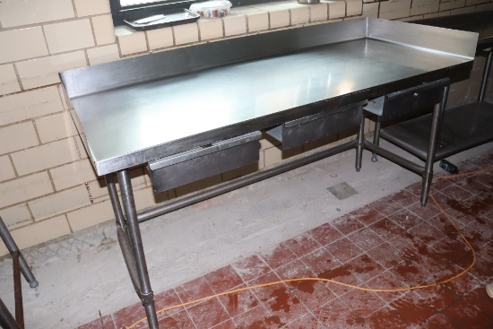 30"x 72" stainless table with open base, 3 drawers, & 4" back splash