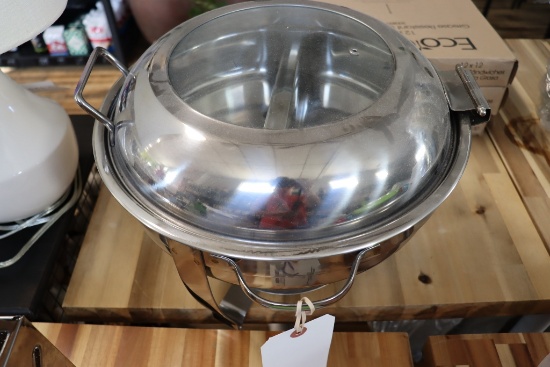 Round stainless chaffing unit with hinged lid & 2" inset pan