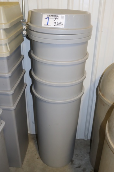 Times 4 - Grey 14.5" round trash cans with 3 lids