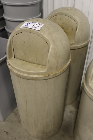 Times 2 - Rubbermaid 16.5" round tan trash cans with lids - Need cleaned -