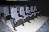 All to go - 51 blue patterned tweed cinema chairs - left side - buyer needs