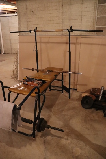 Work bench with barbell & weights - located in basement - located in baseme