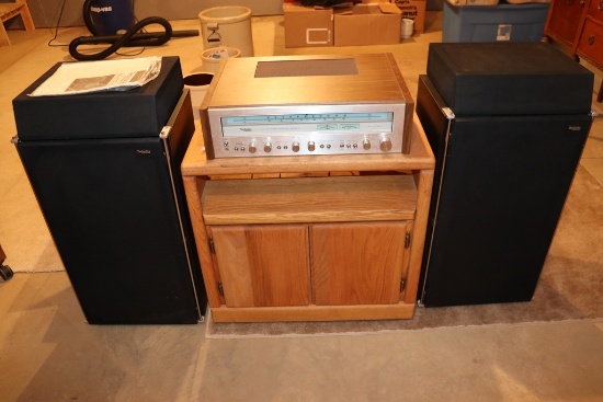 Set of Technics vintage SA-5470 stereo with 2 speakers & portable wood cabi