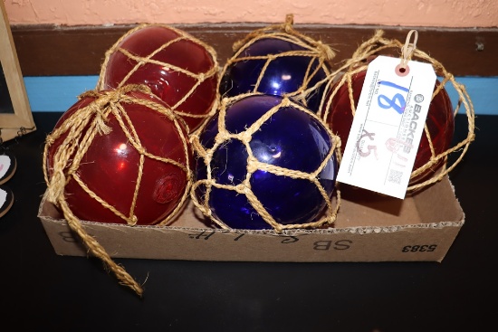Times 5 - 6" round red and blue glass fishing net buoys