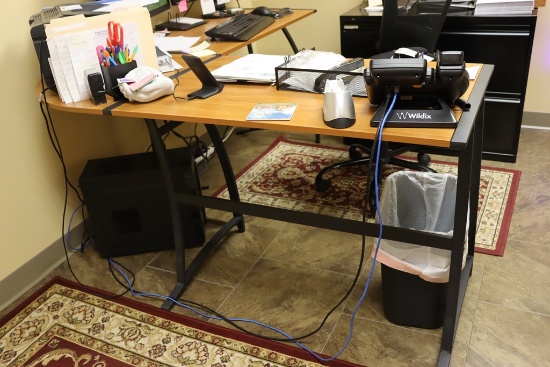 58" x 60" "L" shaped metal office desk with laminate top - open base