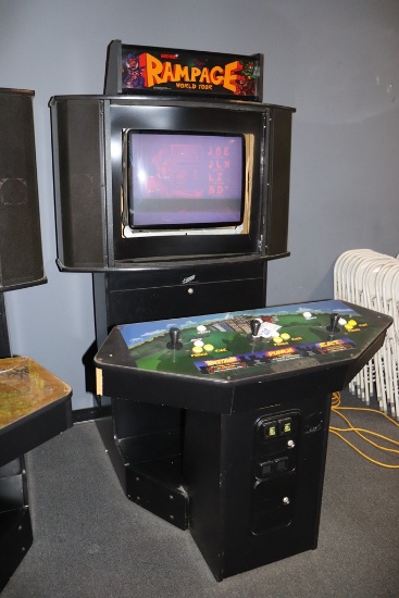 1996 Midway "Rampage World Tour" 3 person video game - monitor cover is mis