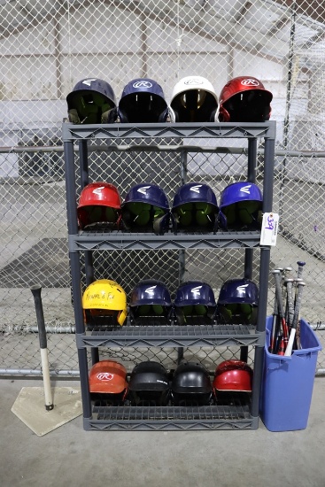 All to go - 16 helmets with bats and plastic rack