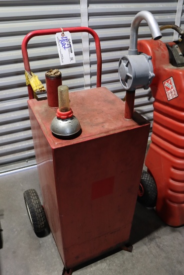 Portable gas caddy - approx. 30 gallon - wheels need reattached  - as is co
