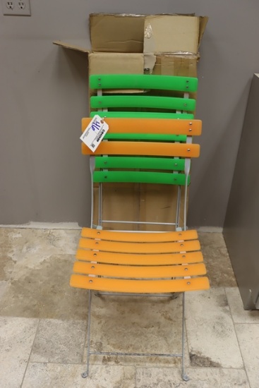 2 sets of metal framed orange & green poly chairs